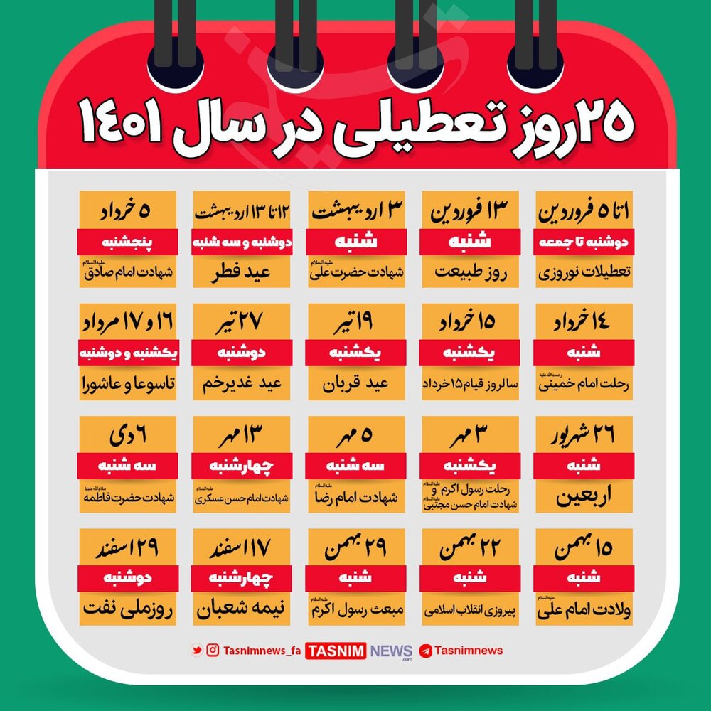 ۱۴۰۱ چند روز تعطیلی دارد؟ ۱۴۰۱ چند روز تعطیلی دارد؟
