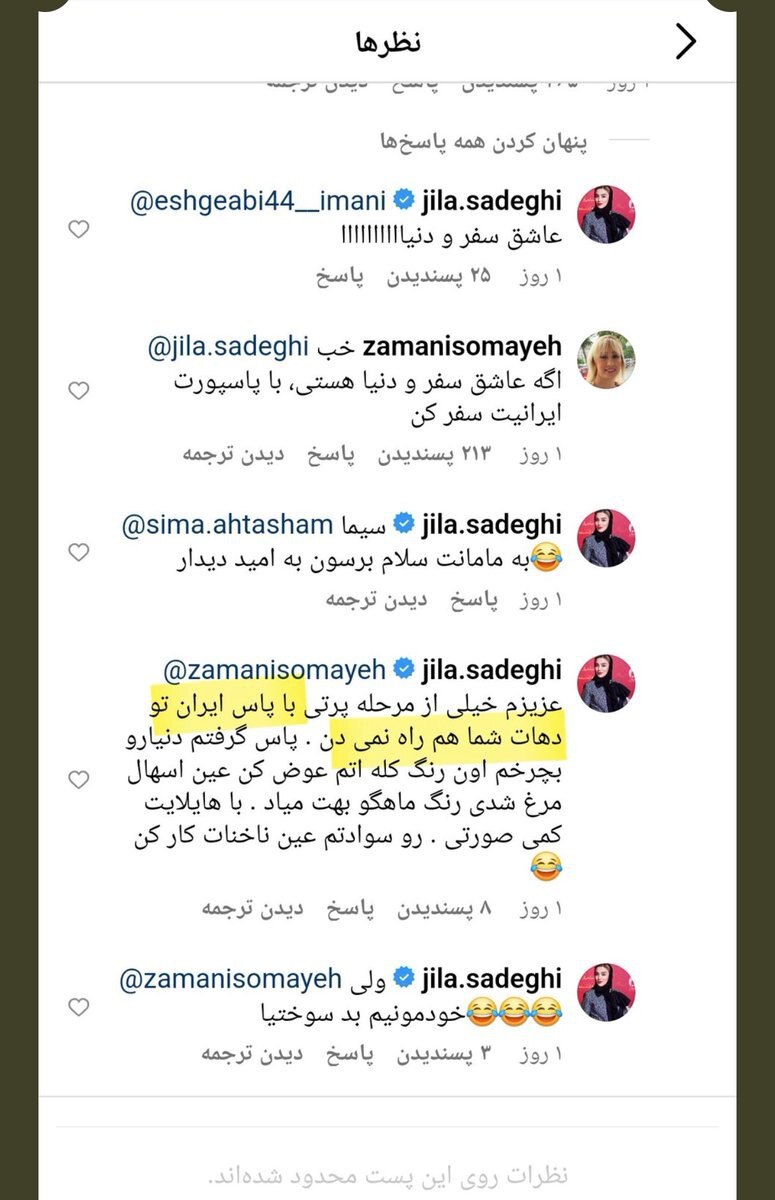 عکس/کامنت عجیب ژیلا صادقی علیه پاسپورت ایرانی!